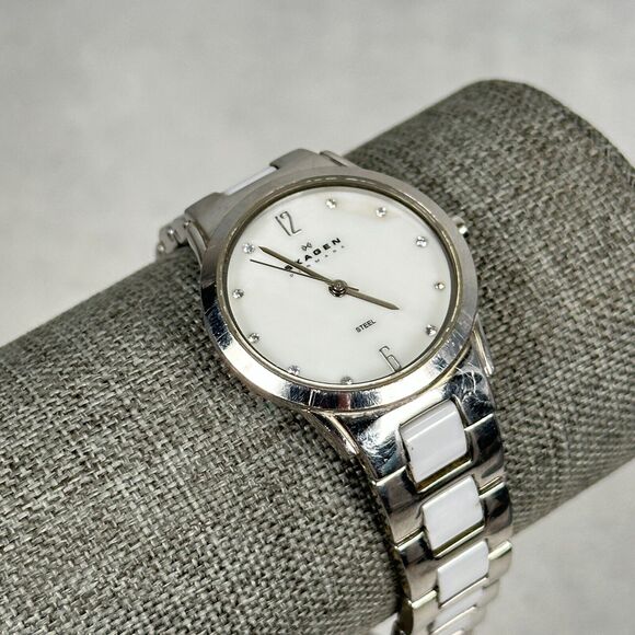 Skagen Watch Womens 30mm MOP Dial Steel White Silver Tone 6" Quartz New Battery - Picture 1 of 11